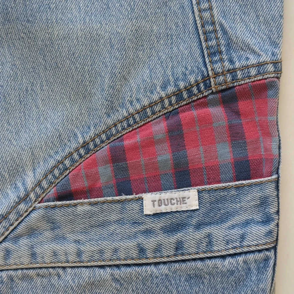 Vintage Touche' High-Waisted Mom Jeans Junior 5 Blue Red Plaid Y2K Denim